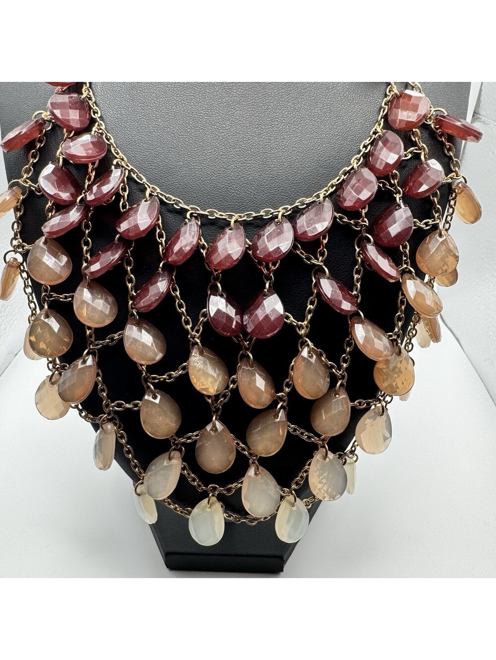 Y2K VTG Chunky Ombre Bib Necklace Gold Tone Faceted Teardrop Statement Choker